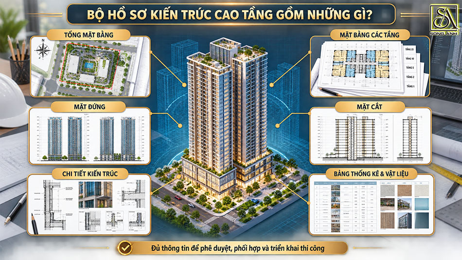 Bộ hồ sơ kiến trúc dự án cao tầng gồm tổng mặt bằng, mặt bằng tầng, mặt đứng, mặt cắt và chi tiết